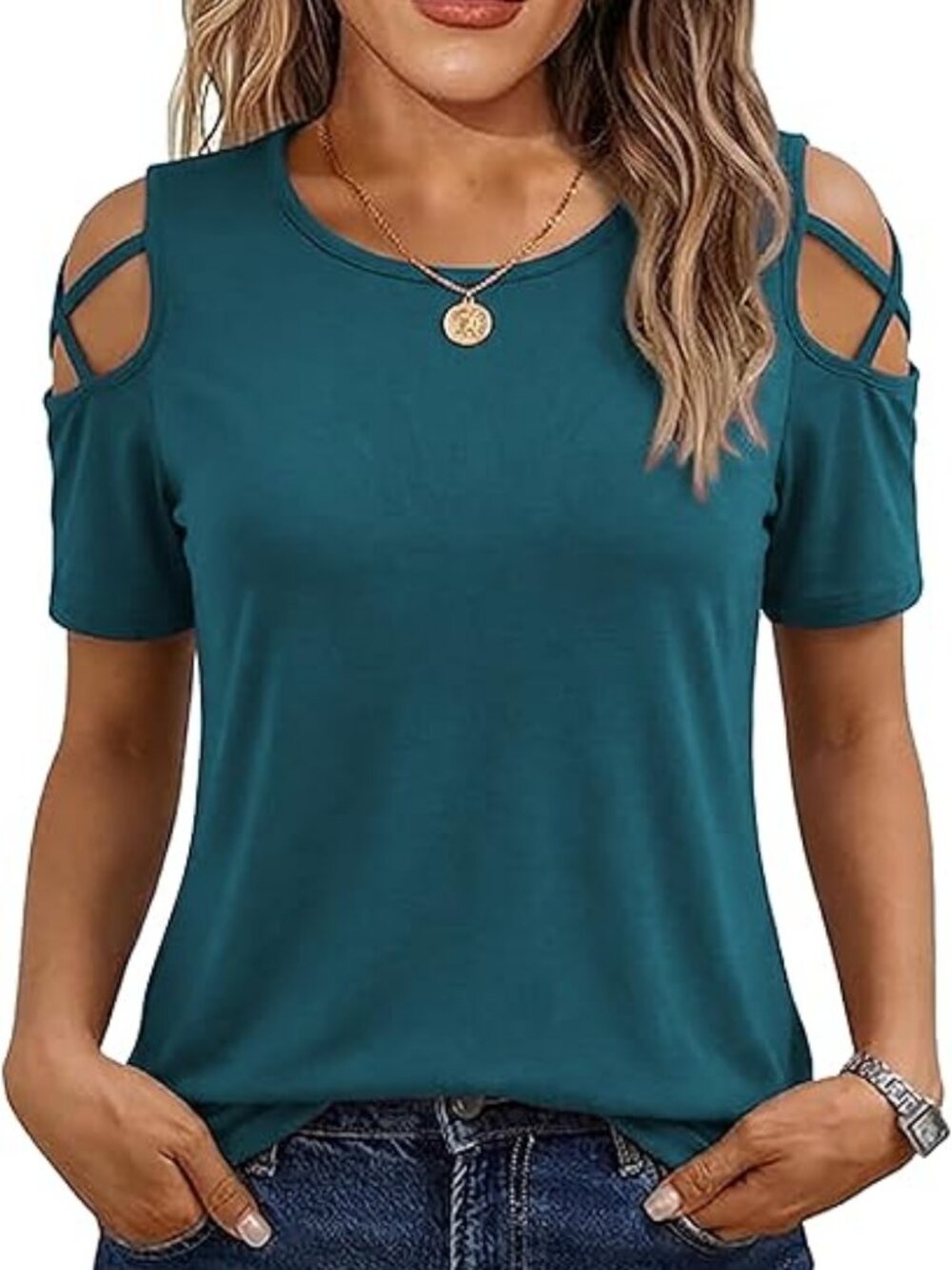 Women's Petrol Short Sleeve lightweight Stretchy Loose Fit Tunic Tops